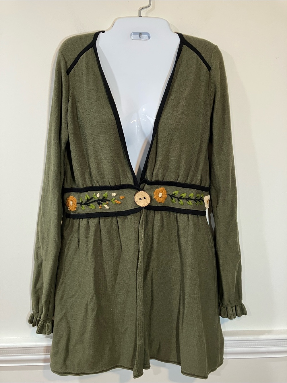 Anthropologie KnittedDove  Olive Green Cardigan with Floral Waist M